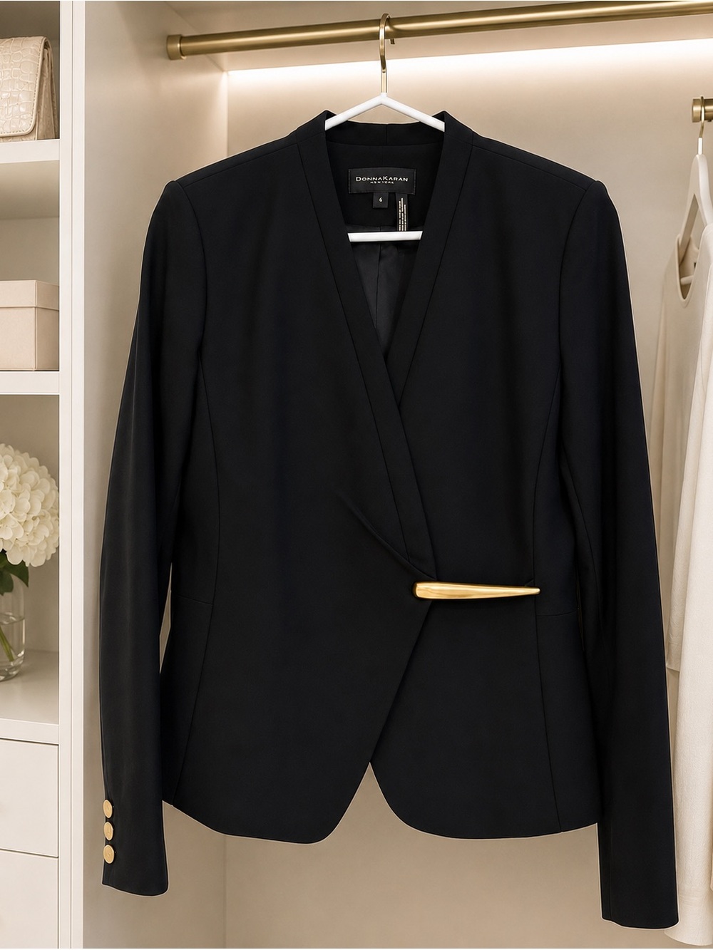 Donna Karan Black Women's Wrap Blazer with Gold Accent